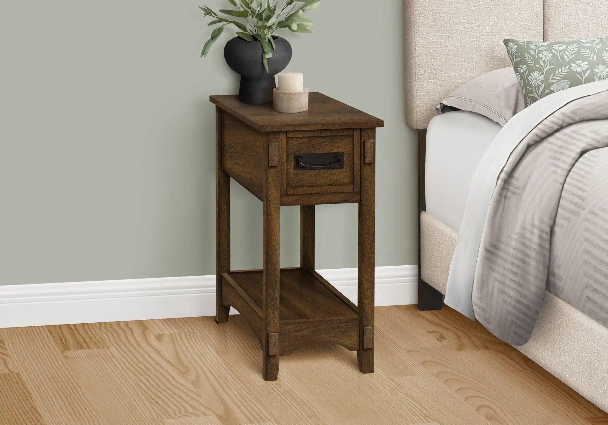 Accent End Table, 2 Tier, Narrow, Storage Drawer, Transitional - Walnut by HouseOfZazla