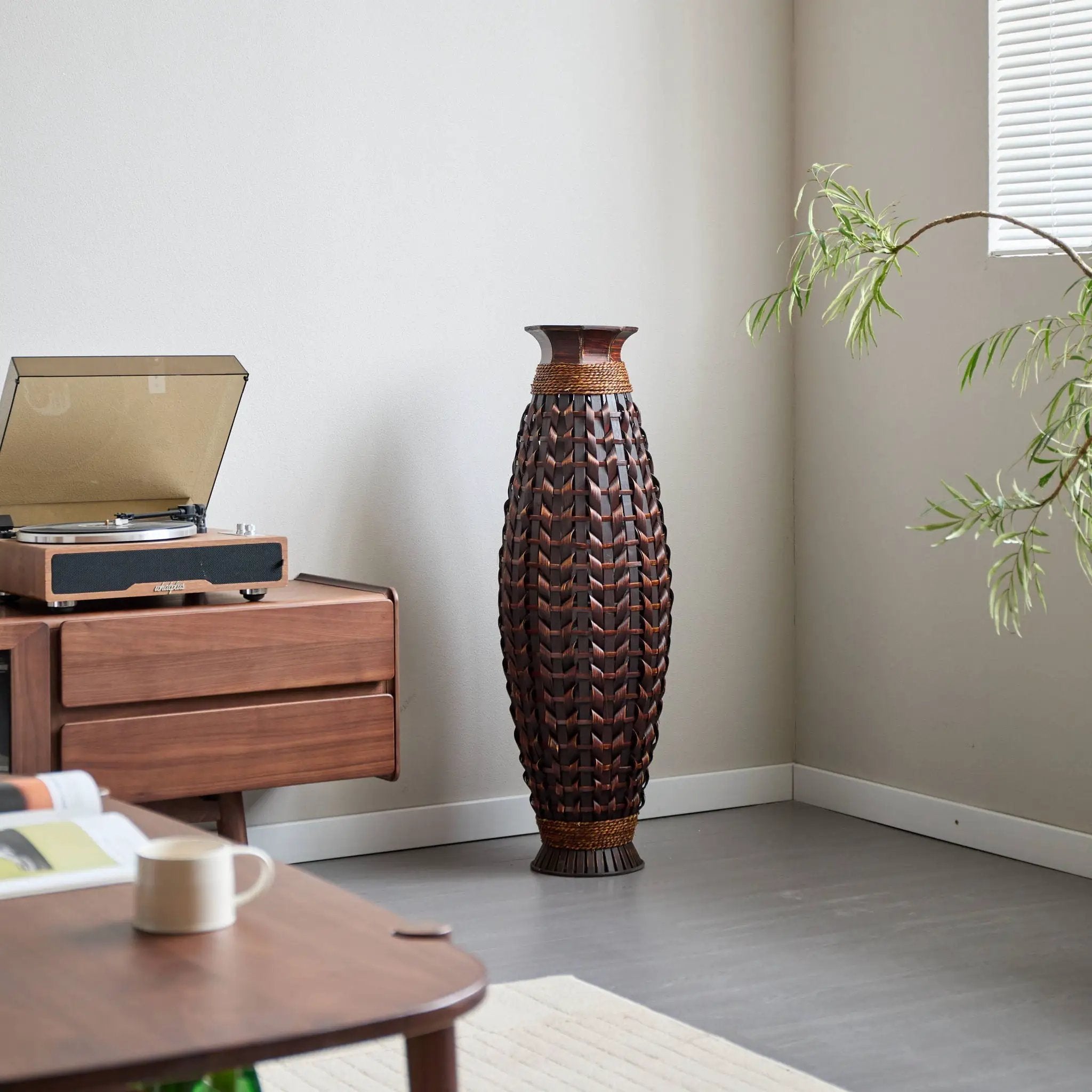 Hand Woven Bamboo Floor Vase, Decorative Accent For Living Room - Acacia Wood by HouseOfZazla