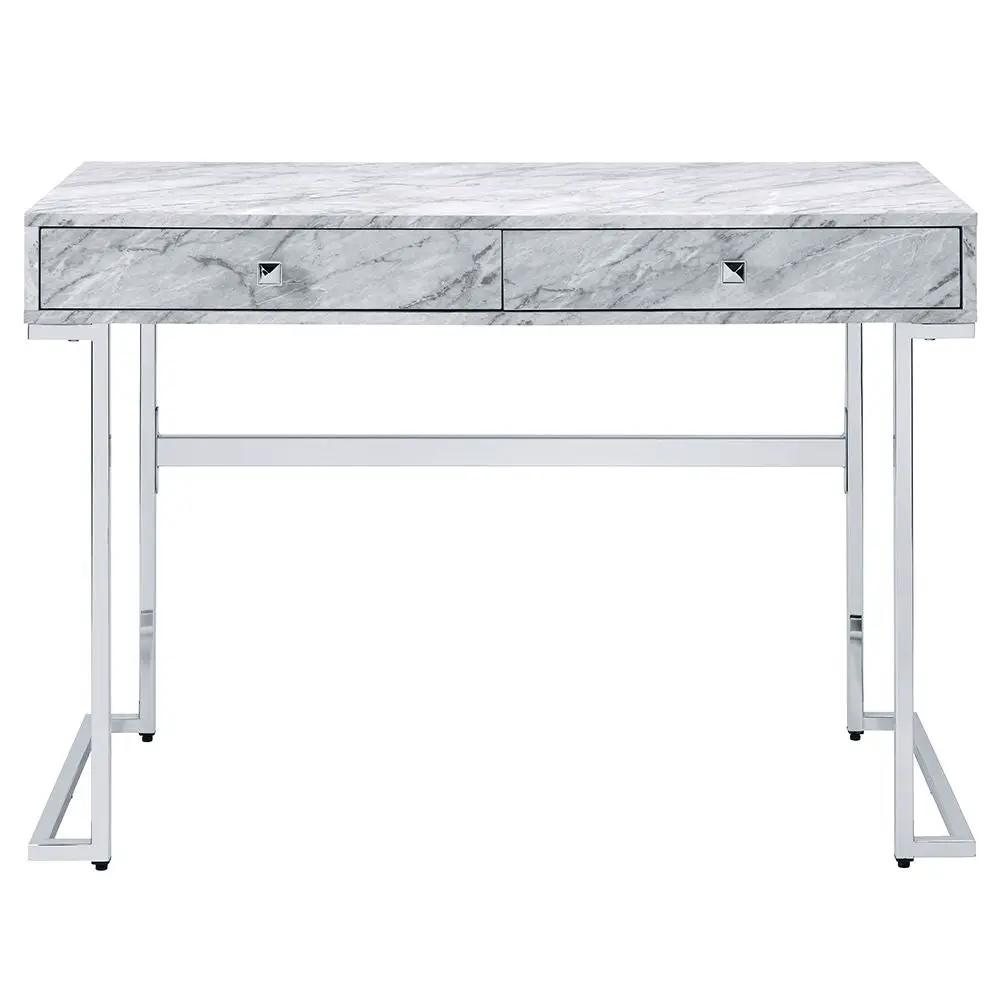 Tigress - Writing Desk - White Printed Faux Marble Top & Chrome by Unique Piece Furniture