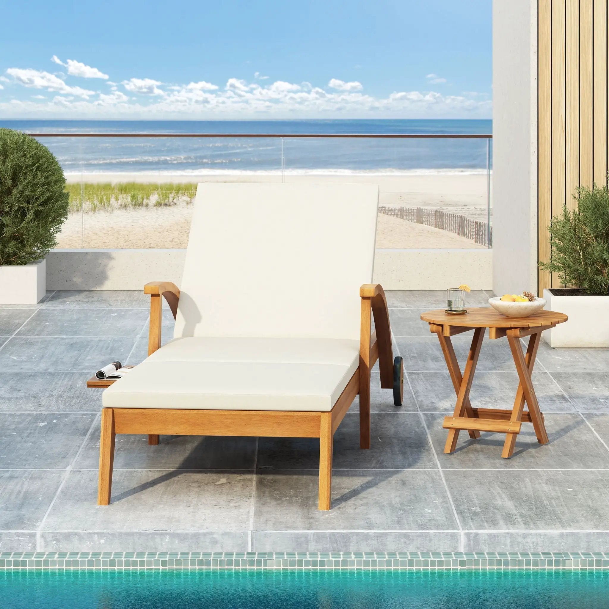 Versatile Chaise Lounge With Wheels Acacia Wood Recliner For Patio - Cream by HouseOfZazla