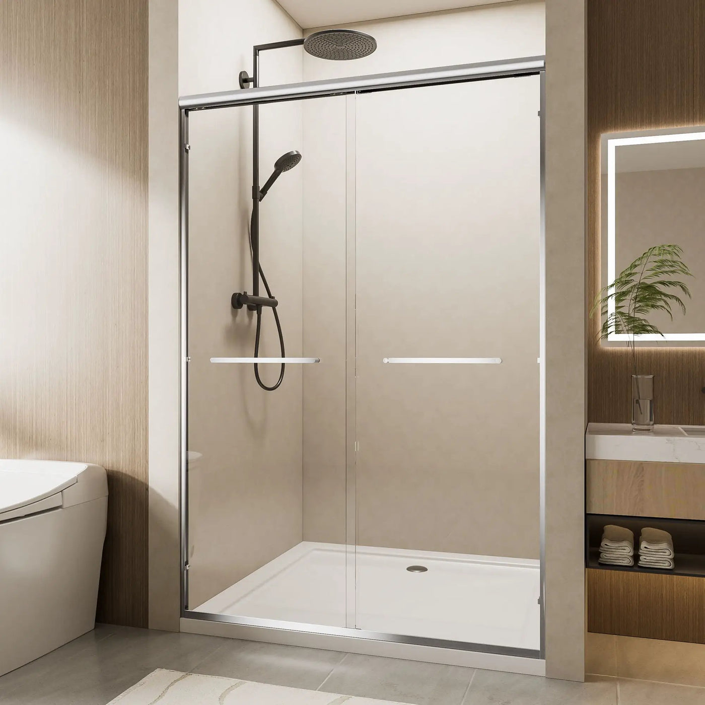 Aluminum Frame Double Double Soft Close Shower Door, Tempered Glass And Dual Stainless Steel Handles by HouseOfZazla