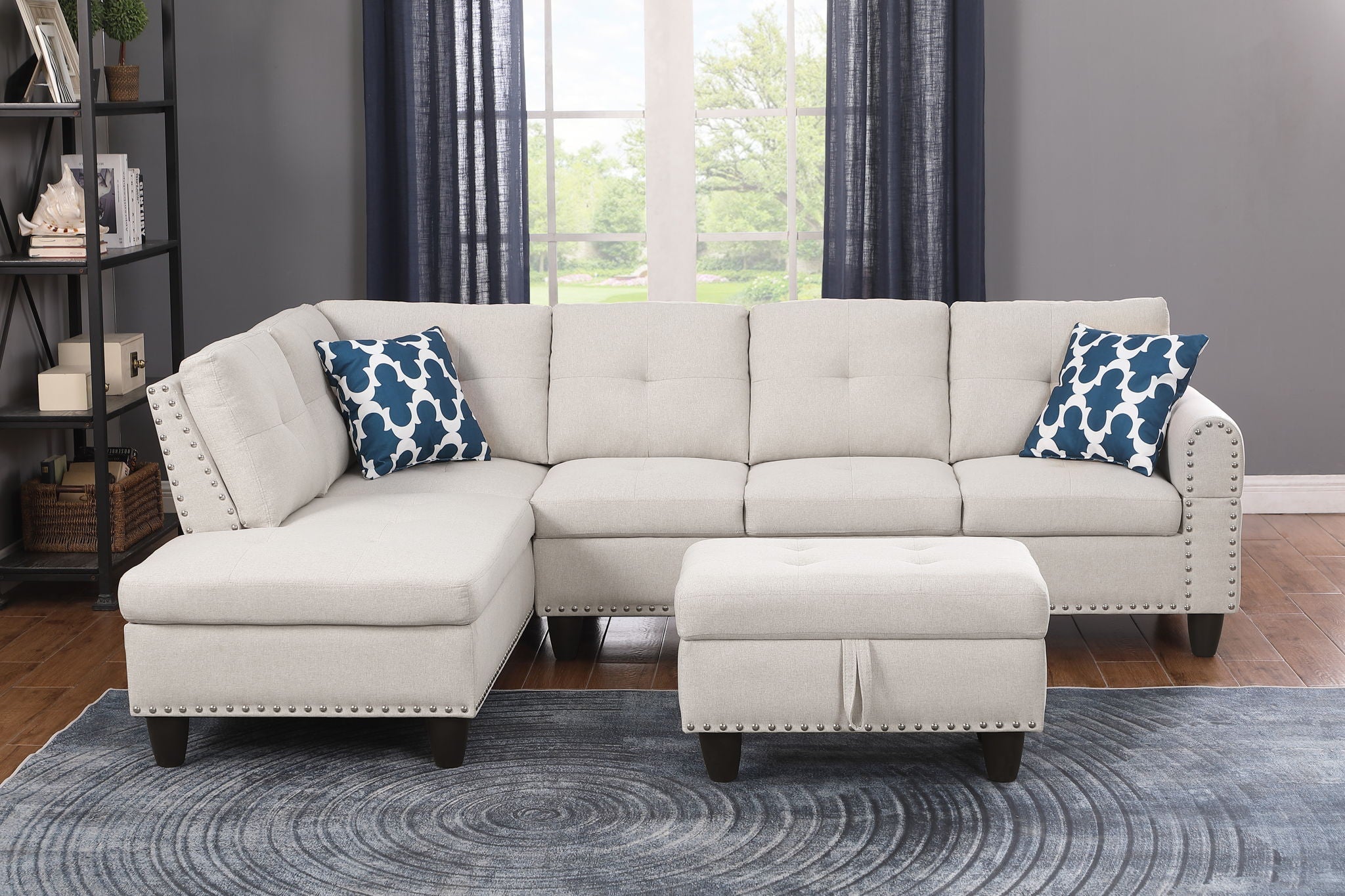 Alger - Wide Left Hand Facing Sofa & Chaise With Ottoman - Beige by HouseOfZazla