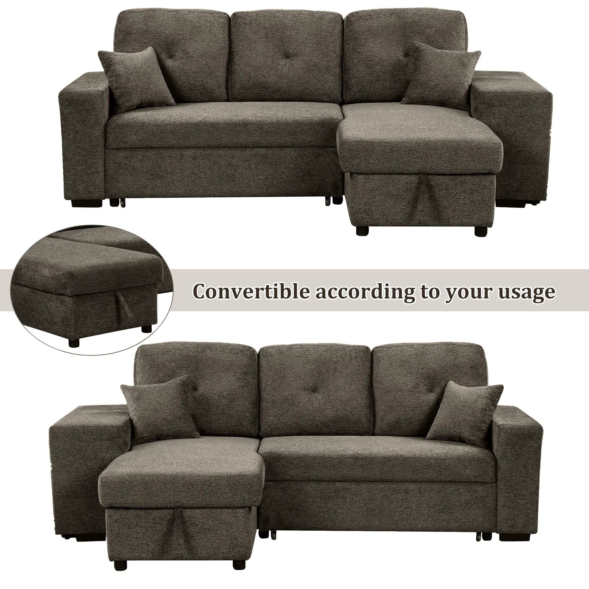 Reversible Sleeper Sectional Sofa Bed With Side Shelf And 2 Stools, Pull-Out L-Shaped Sofa Bed, Corner Sofa-Bed With Storage Chaise Left / Right Hande For Living Room by HouseOfZazla