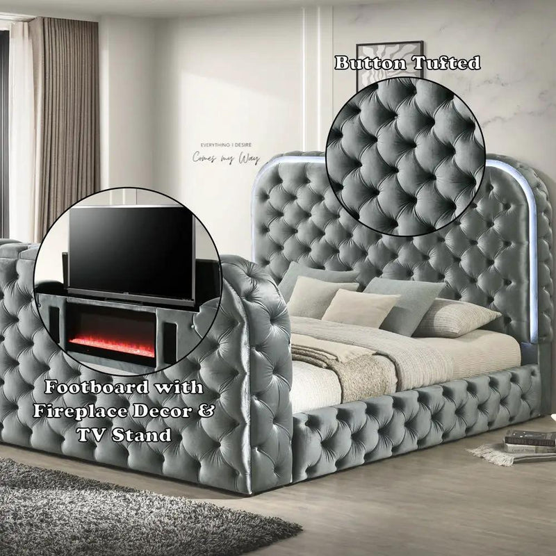 Kana - Bed With LED, Fireplace & TV Stand by Unique Piece Furniture