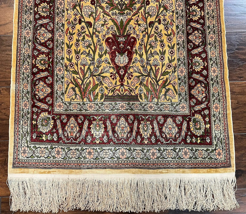 Wonderful Silk Turkish Hereke Prayer Rug 2.8 x 4.5, Tree of Life Design, Signature from Master Weaver, Gold and Burgundy, Handmade, 625 KPSI by Jewel Rugs