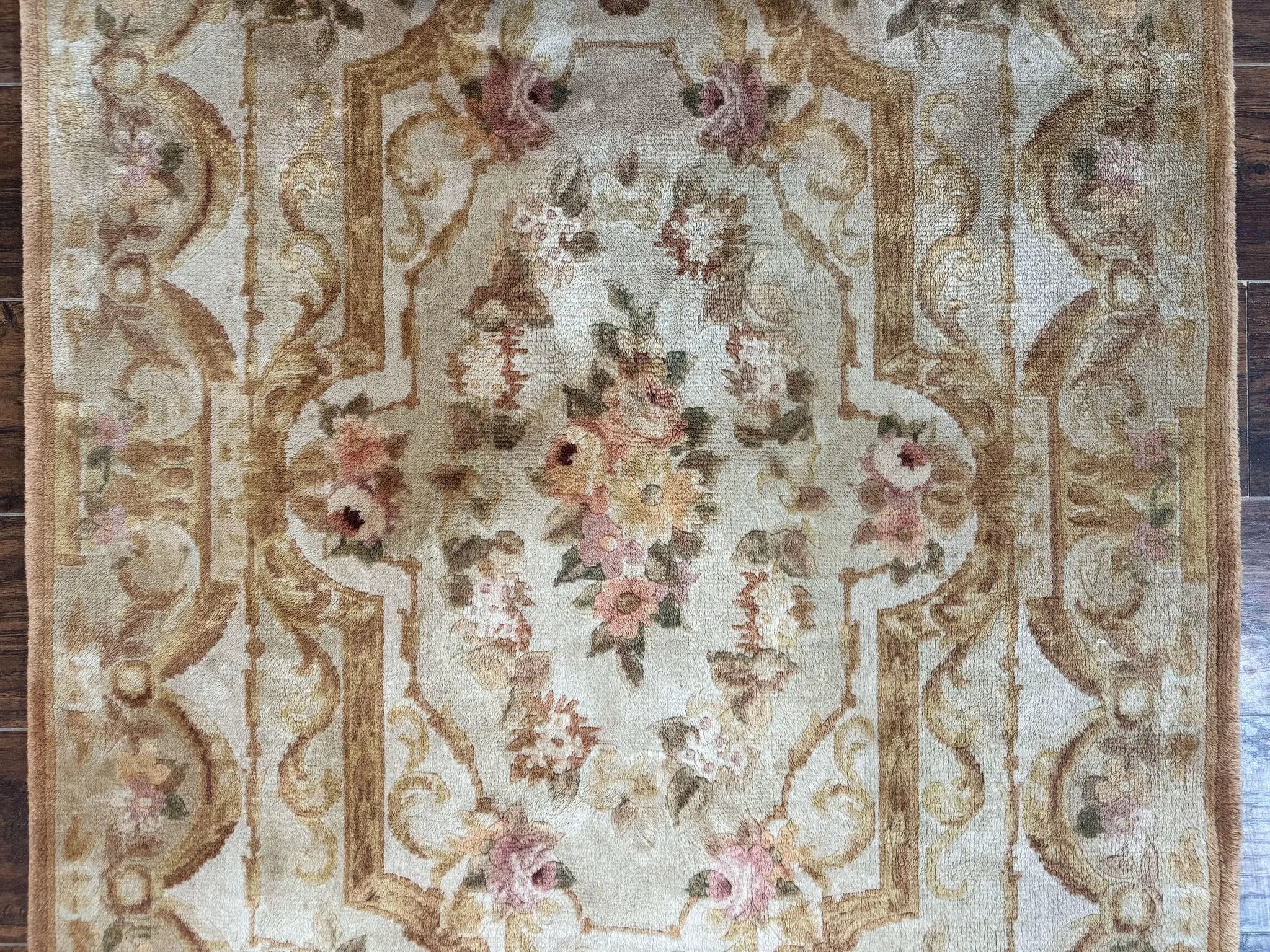 Chinese Aubusson Rug 3.6 x 5, Beige and Gold, Handmade Vintage Elegant European Design Carpet, Plush Wool, Handmade by Jewel Rugs