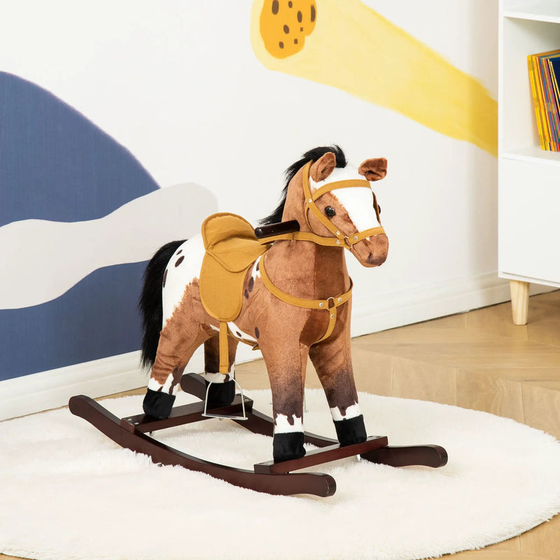 Qaba - Kids Metal Plush Ride-On Rocking Horse Chair Toy With Realistic Sounds - Dark Brown / White by Unique Piece Furniture