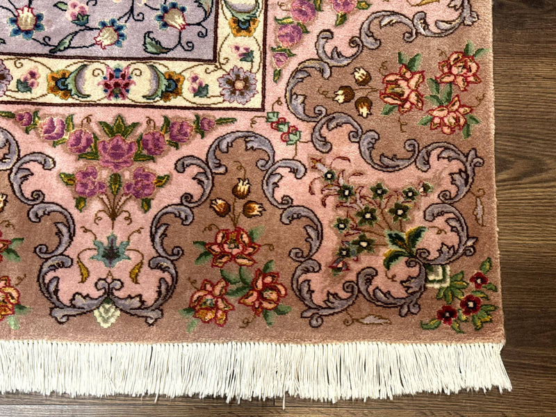 Wonderful Persian Tabriz Rug 7x10, Very Fine 330 KPSI, Light Green Light Blue Pink, Kork Wool Silk Foundation, Bird Pictorials by Jewel Rugs