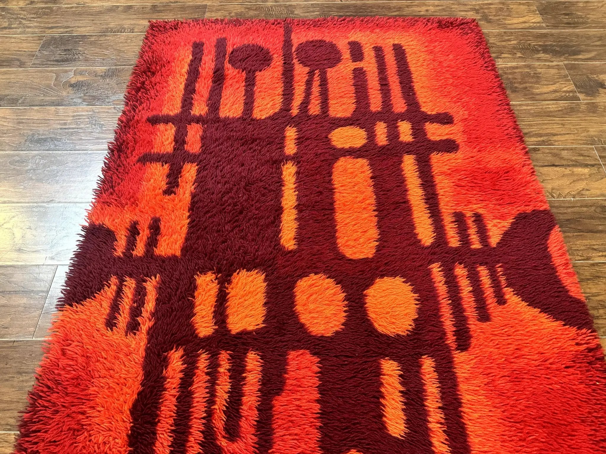 Danish Rya Shag Rug 4x6, Red Vintage Mid Century Retro Abstract Shag Rug by Jewel Rugs