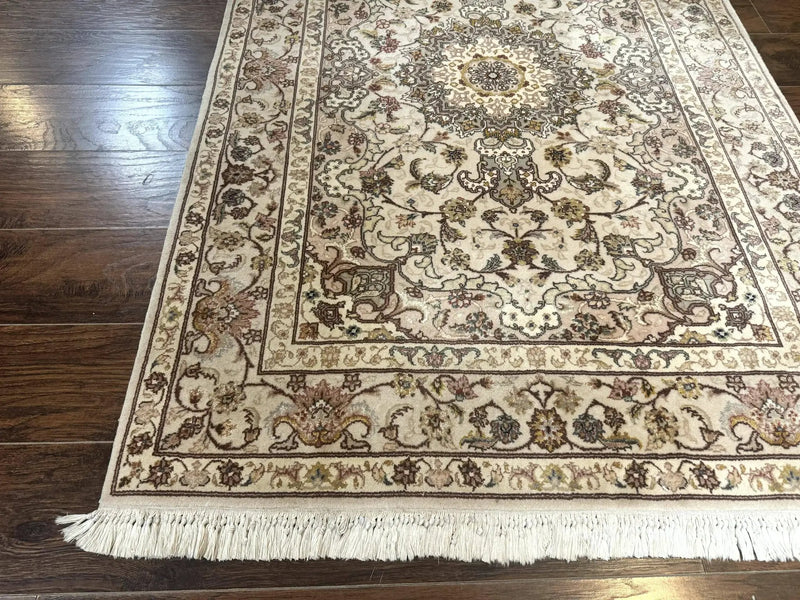Pak Persian Rug 4x6, Floral Medallion, Beige, Wool and Silk Highlights, Vintage Handmade Rug by Jewel Rugs