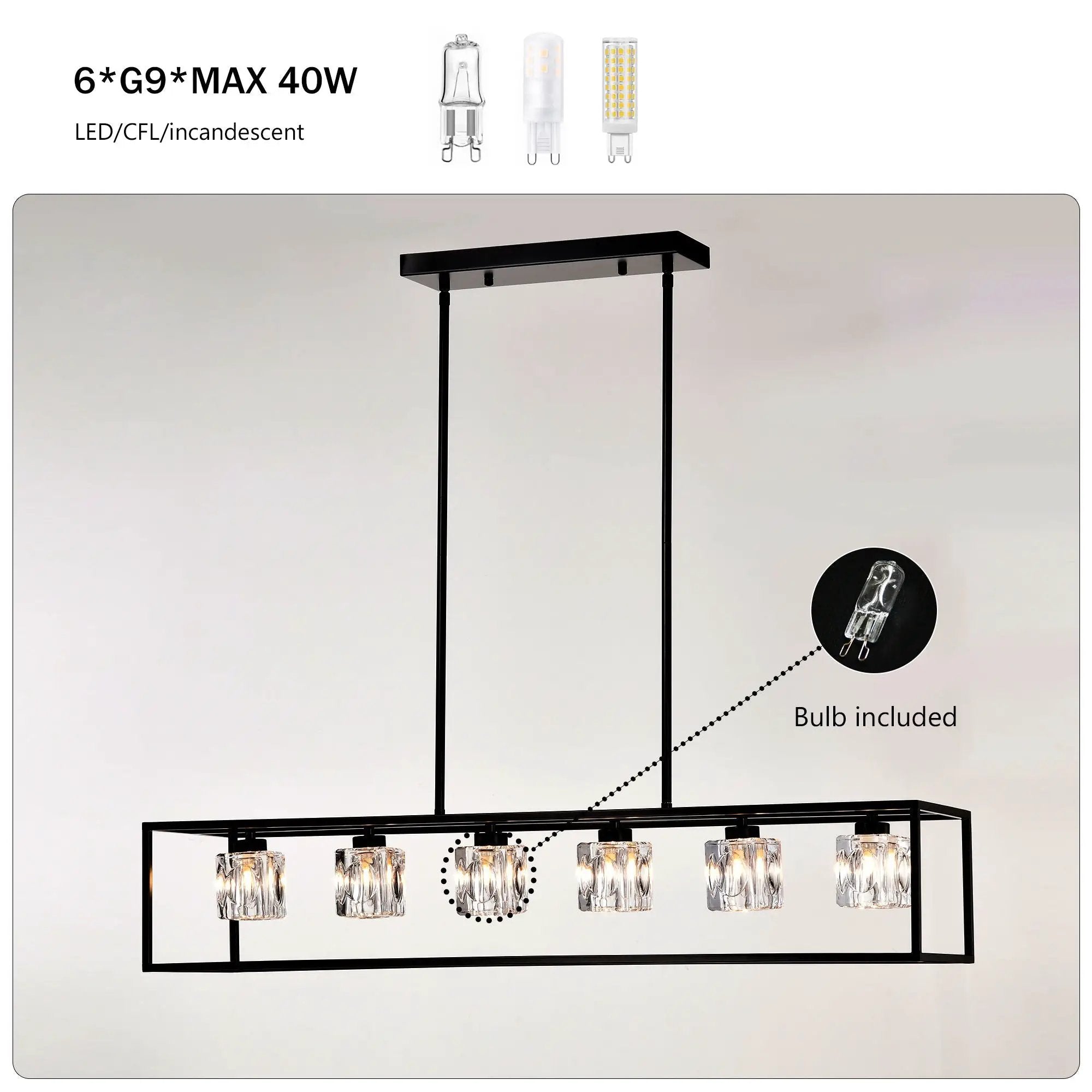 6 Light Farmhouse Chandelier, Modern Industrial Linear Rectangular Crystal Pendant Light Cage Chandelier For Dining Room, Kitchen Island, Bar, Long Table, G9*6 Bulbs Included - Matte Black by Unique Piece Furniture