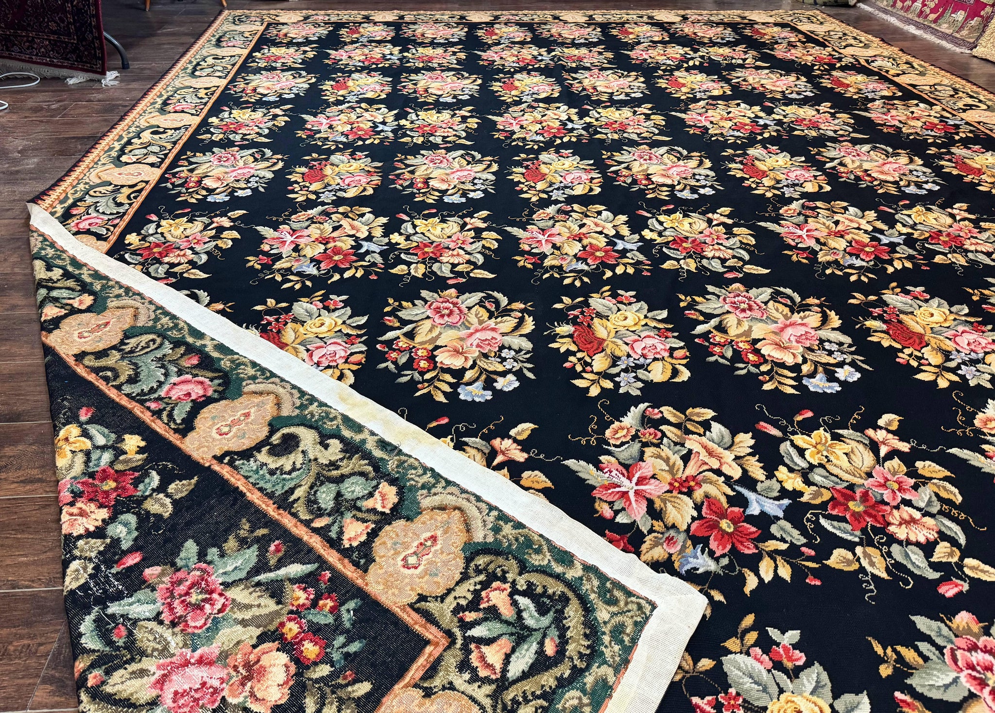 Palace Size Needlepoint Rug 12x16, Black and Colorful, Floral Panel, Handmade Oversized Wool Needlepoint Carpet, Rare by Jewel Rugs