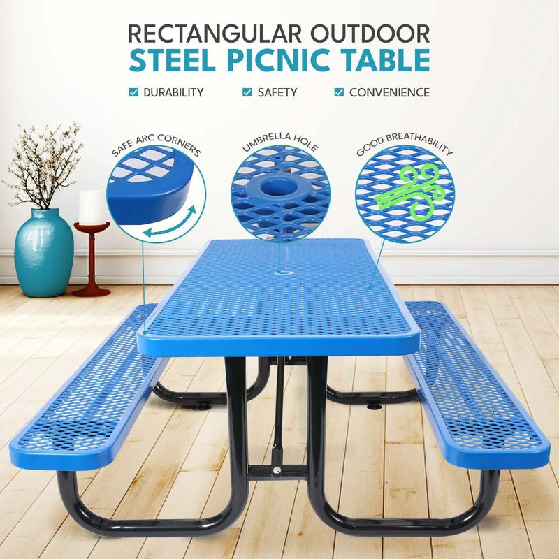 Outdoor Steel Picnic Rectangular Table With Umbrella Pole by HouseOfZazla