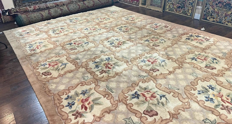Indo Chinese Aubusson Wool Rug 11x16, Palace Sized Carpet, Oversized Handmade Vintage Rug, European Design by Jewel Rugs