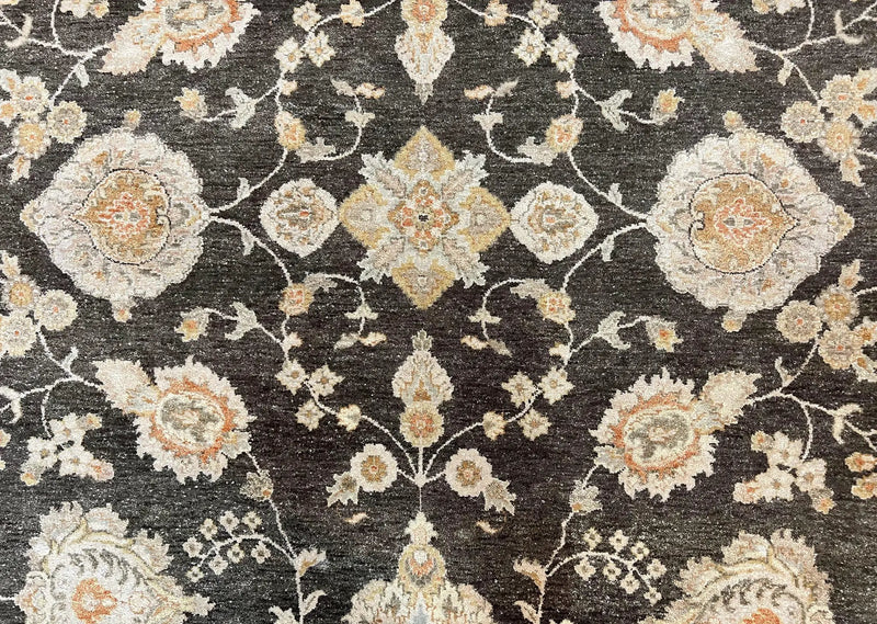 Indo Persian Rug 9x12, Sultanabad Indian Carpet, Dark Brown, Hand Knotted Vintage Wool Rug by Jewel Rugs