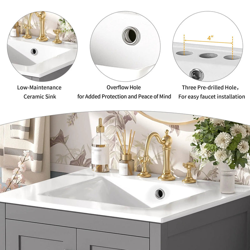 Bathroom Vanity With Integrated Undermount Ceramic Sink, 2 Doors And 1 Drawer, Soft Close Hinges