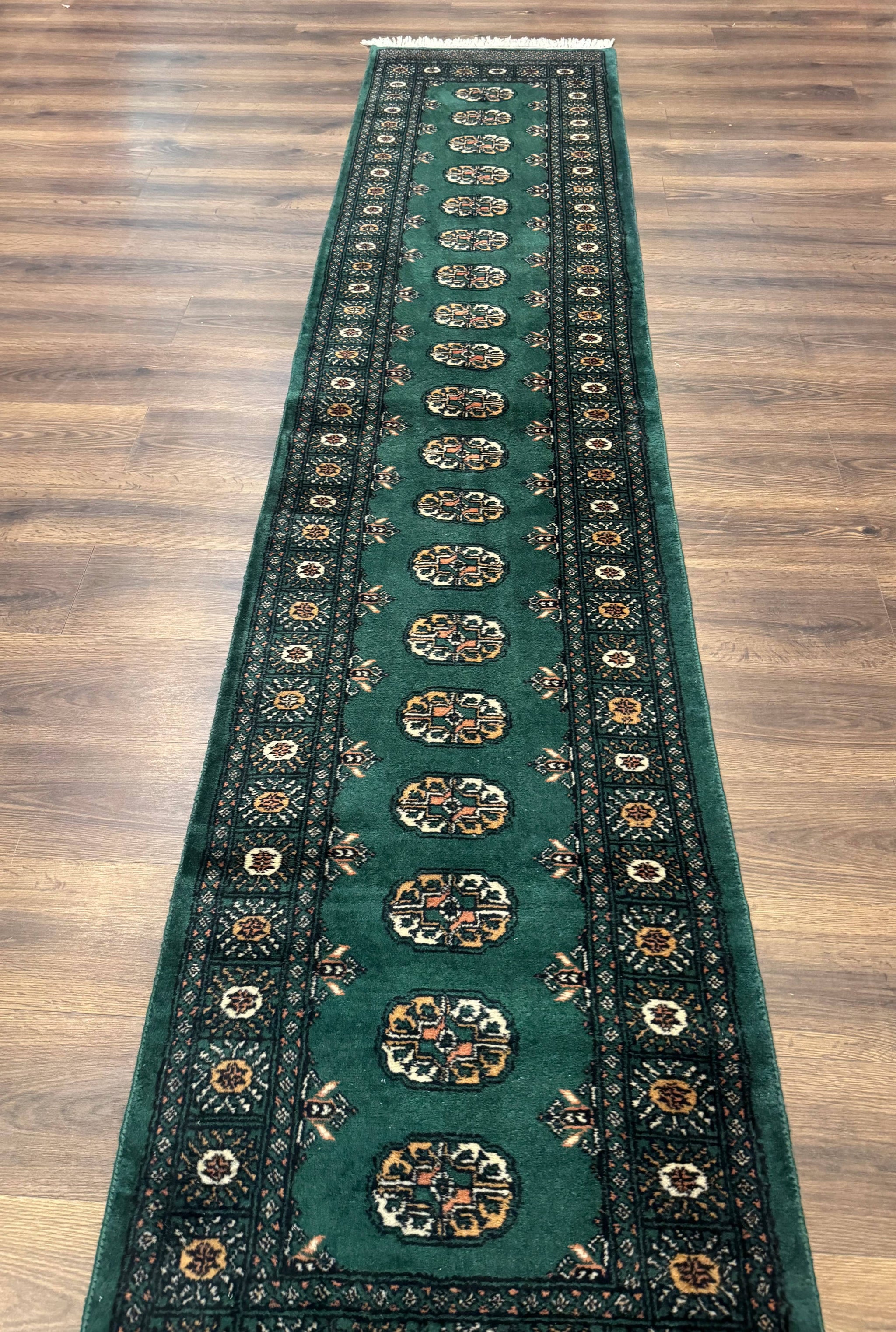 Pakistani Bokhara Runner Rug 2.5 x 11, Green Turkoman Wool Runner for Hallway by Jewel Rugs