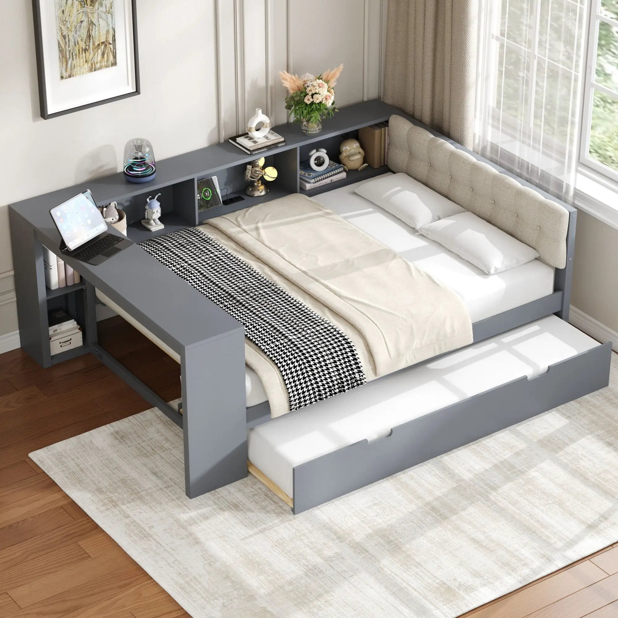 Upholstered Headboard Platform Bed with Storage Shelves, Trundle, and Charging Station by HouseOfZazla