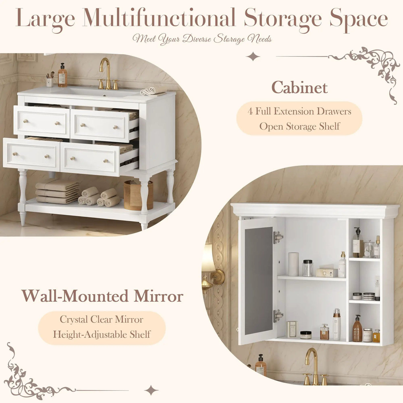Bathroom Vanity With Medicine Cabinet, Storage Cabinet With 4 Drawers, Adjustable Shelf Mirror by Unique Piece Furniture