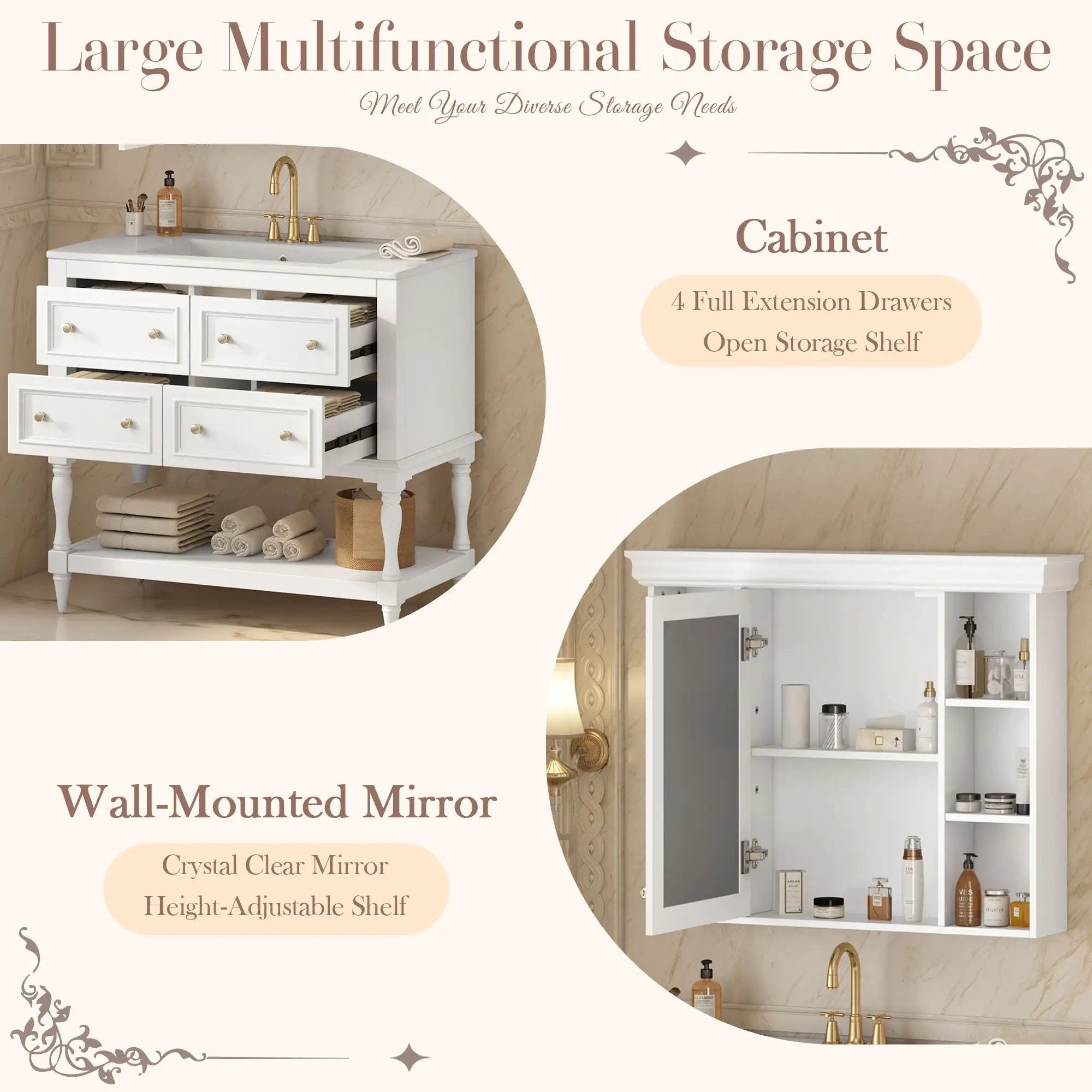 Bathroom Vanity With Medicine Cabinet, Storage Cabinet With 4 Drawers, Adjustable Shelf Mirror by Unique Piece Furniture