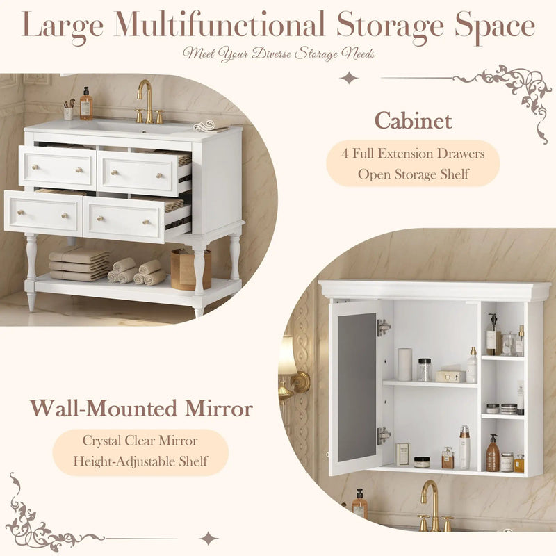 Bathroom Vanity With Medicine Cabinet, Storage Cabinet With 4 Drawers, Adjustable Shelf Mirror by Unique Piece Furniture