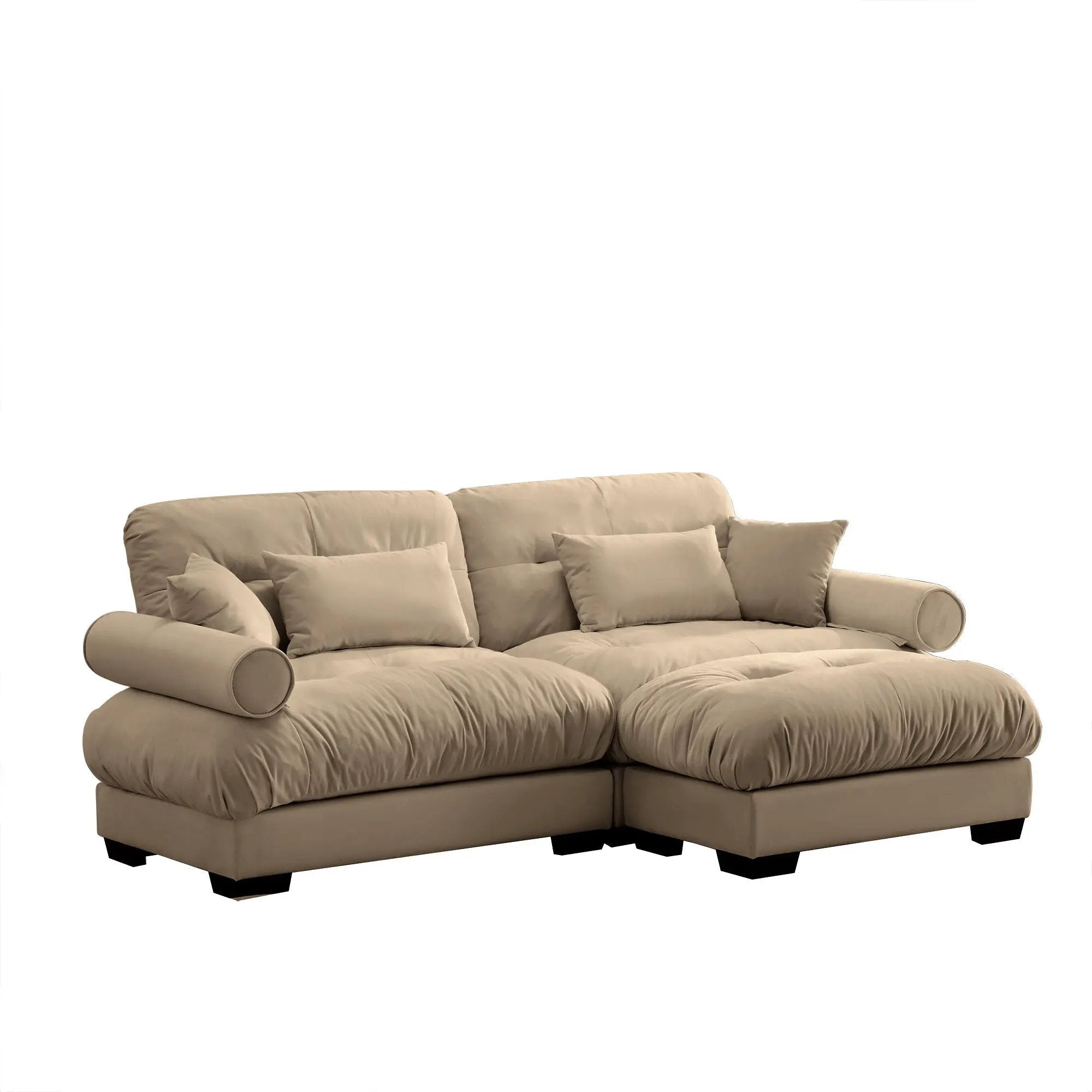 Modern Sectional Sofa With Ottoman, Round Bolster Armrests, Waist And Throw Pillows by HouseOfZazla