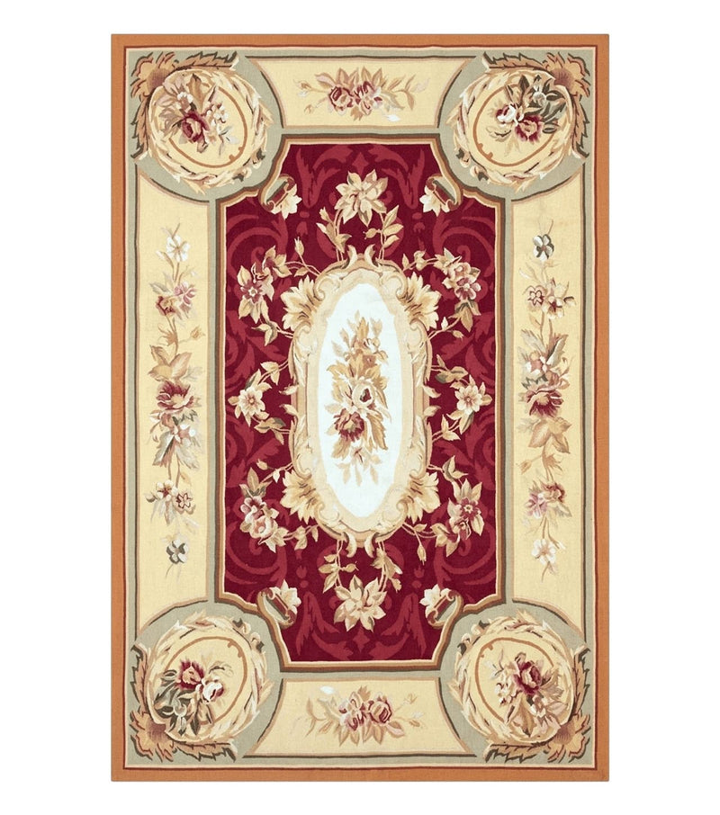 Aubusson Rug 4x6, Red, Floral, European Design, Vintage, Wool by Jewel Rugs