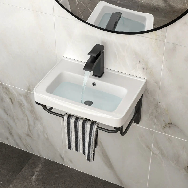 Wall Mounted Rectangular Bathroom Sink With 304 Stainless Steel Towel Bar & Overflow - White by HouseOfZazla