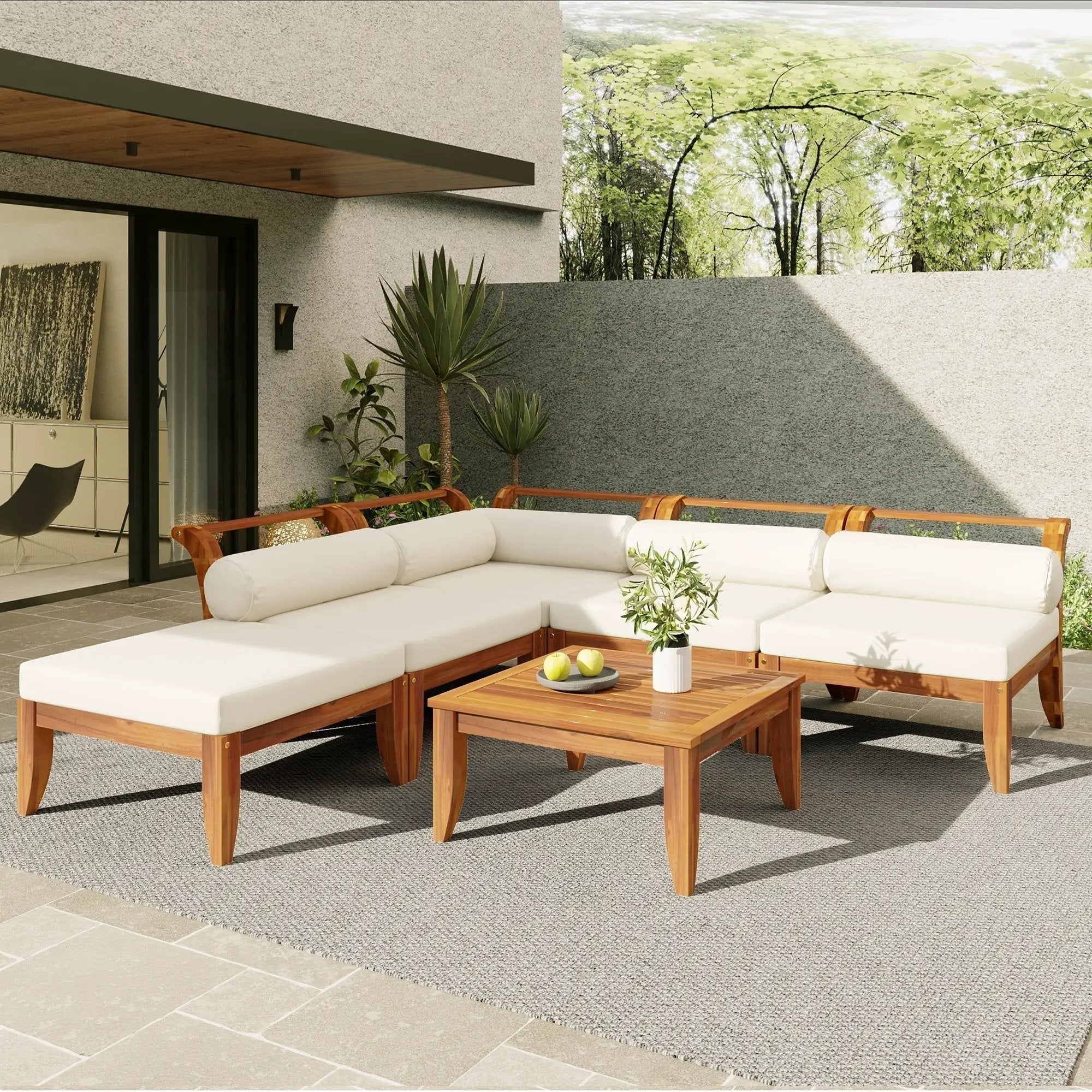 6 Piece Acacia Wood Outdoor Modular Sectional with Daybed and Tea Table by HouseOfZazla