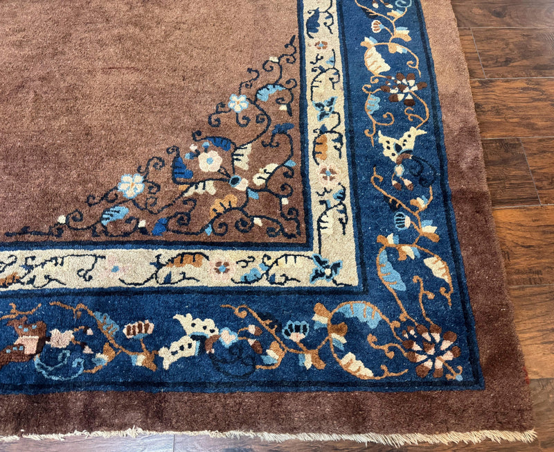 Antique Chinese Wool Rug 9x11, Large Chinese Art Deco Rug, Peking Rug, Brown and Blue, Open Field, Fete Rug by Jewel Rugs