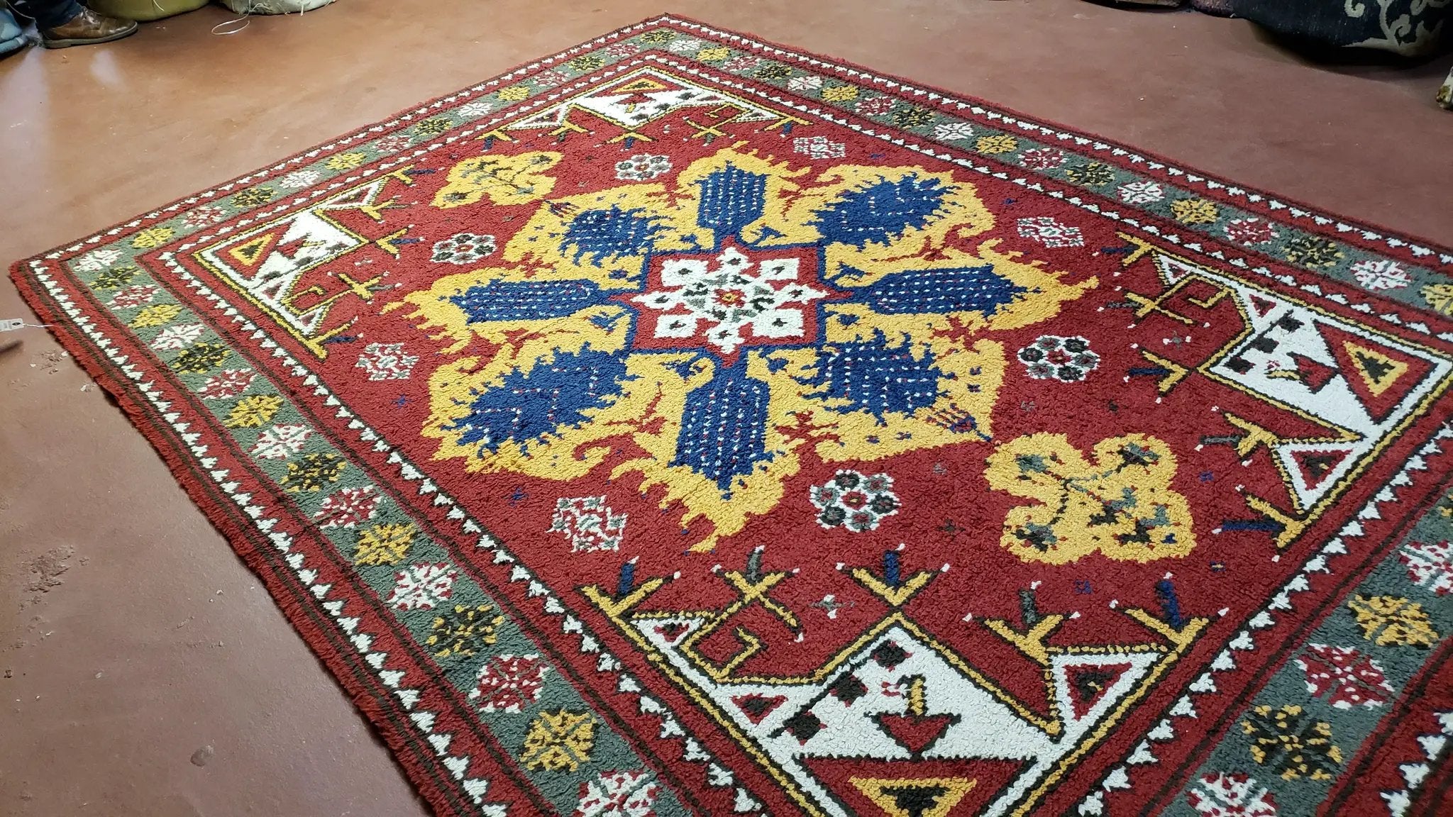 Colorful Moroccan Heriz Rug 6x9, Large Central Medallion, Red Yellow Blue by Jewel Rugs