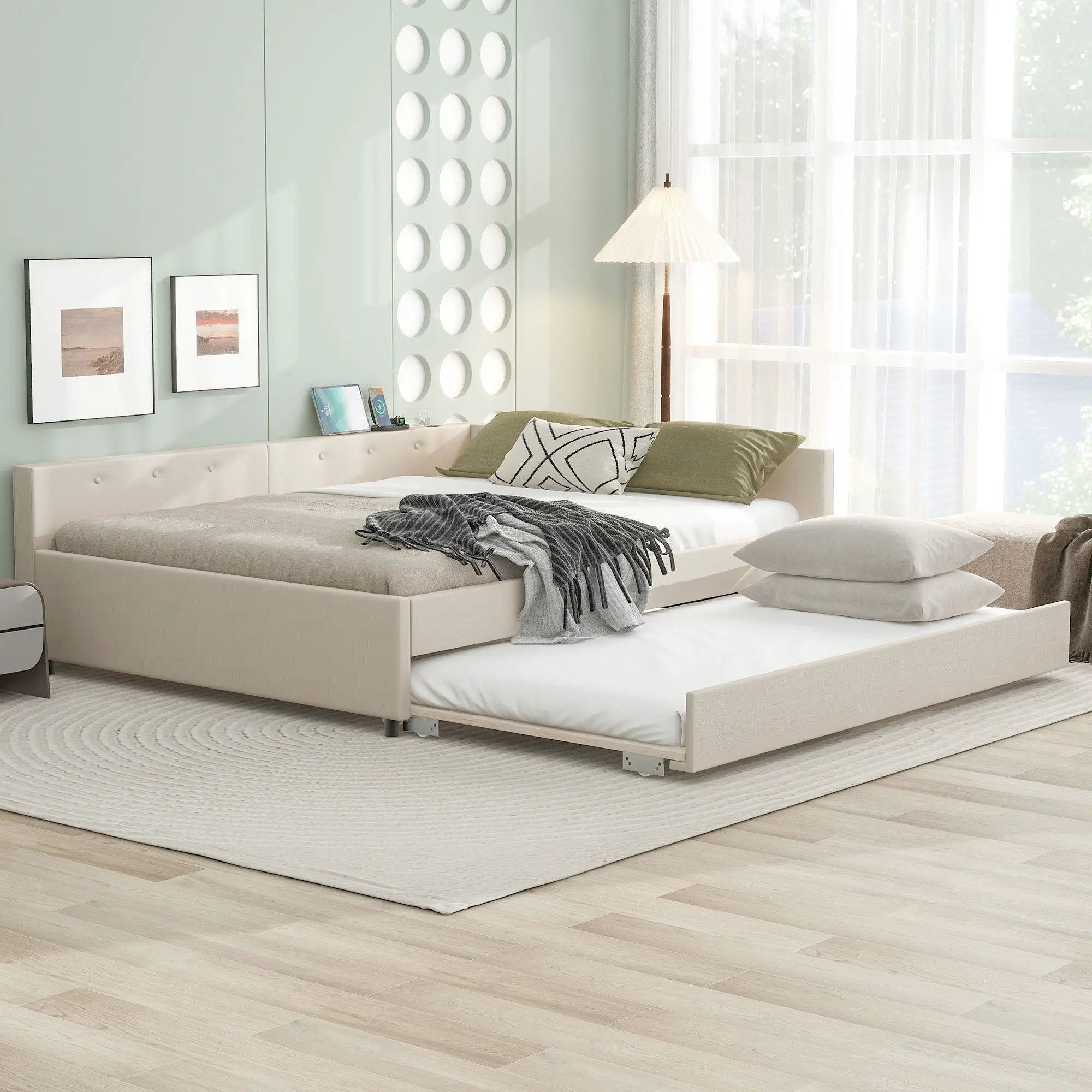 Queen Size Upholstered Platform Bed With USB And Twin Trundle - Beige by HouseOfZazla