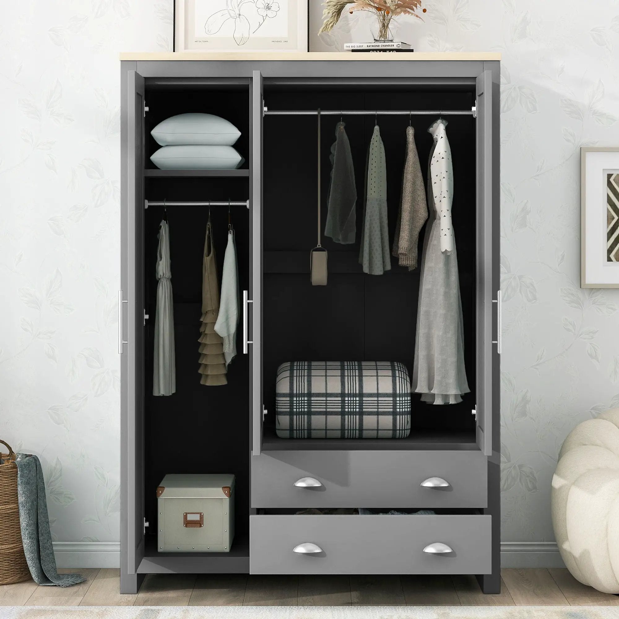 3 Door Storage Wardrobe With Cabinets And 2 Hanging Rods - Gray by Unique Piece Furniture