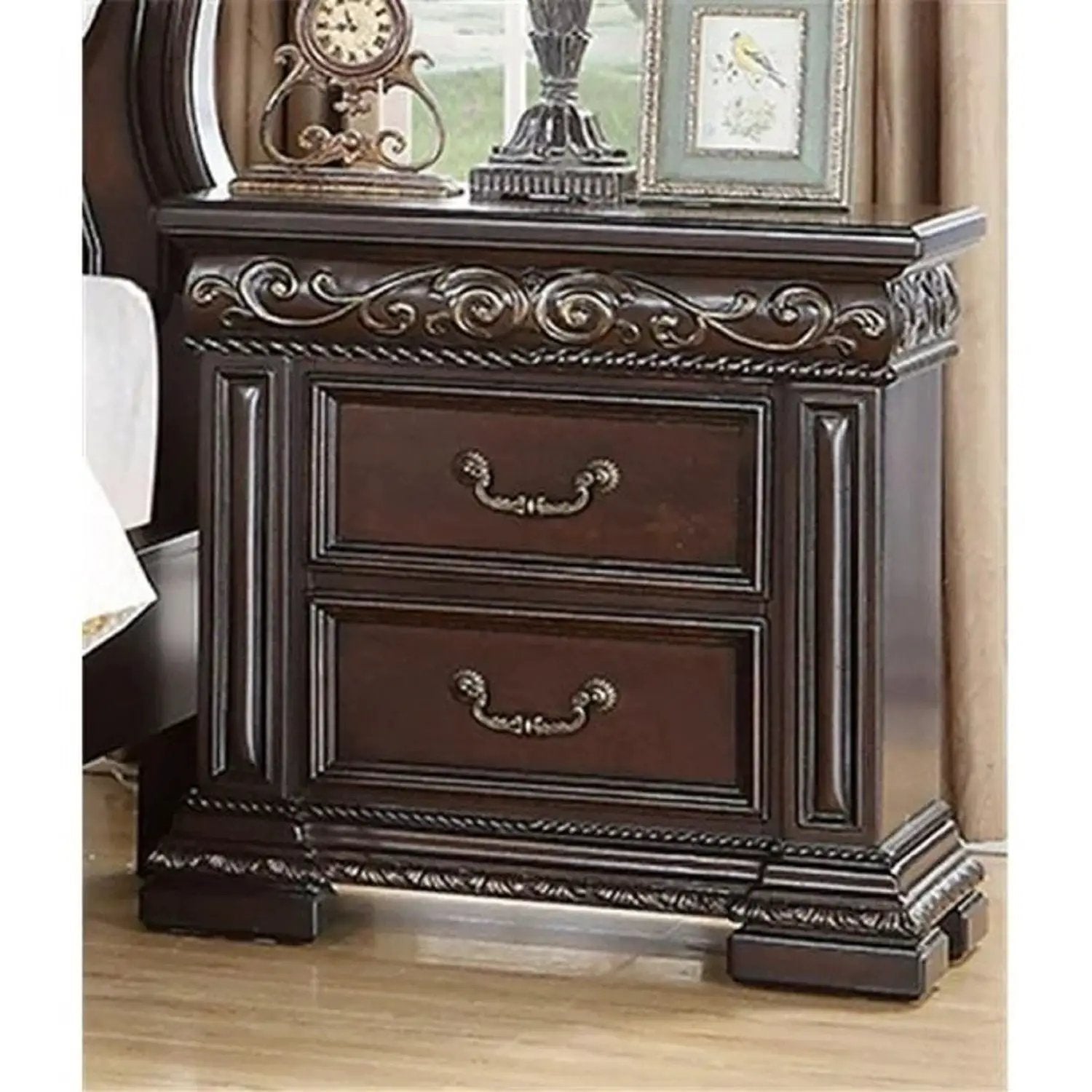 2 Drawer Nightstand, Carvings Bedside Table, Bedroom Furniture - Cherry by Unique Piece Furniture