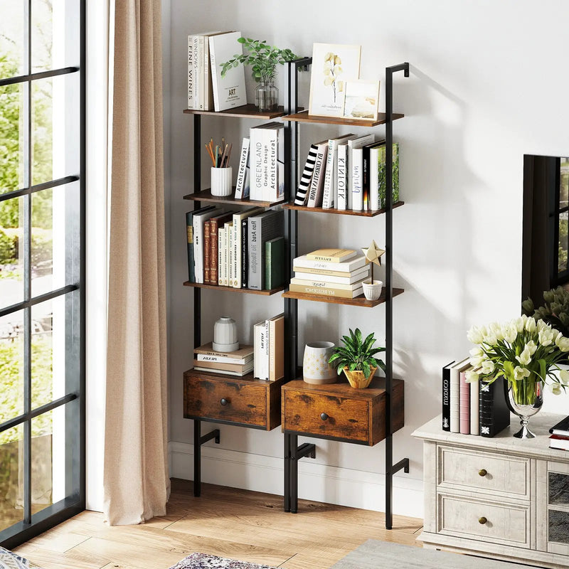 5-Tier Ladder Bookcase with Drawer and Metal Frame for Study Home Office-Rustic Brown by DirectDeals