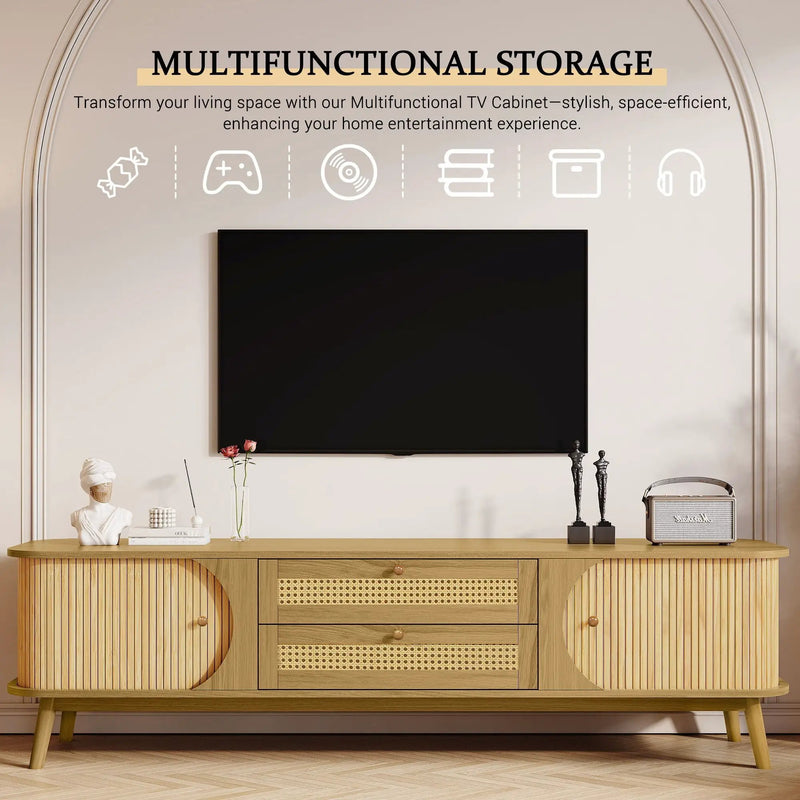 Rattan TV Stand For Tvs Up To 75'', Modern Farmhouse Media Console, Entertainment Center With Legs, TV Cabinet For Living Room, Home Theatre - Natural Wood by HouseOfZazla