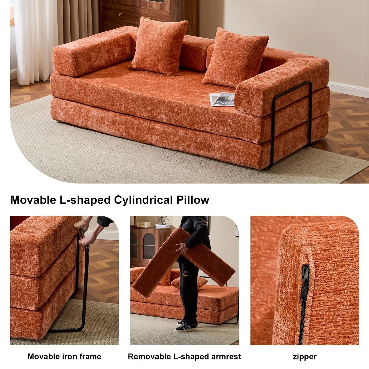 Convertible Floor Sofa Bed With Pillow Back Support Armrest by Unique Piece Furniture