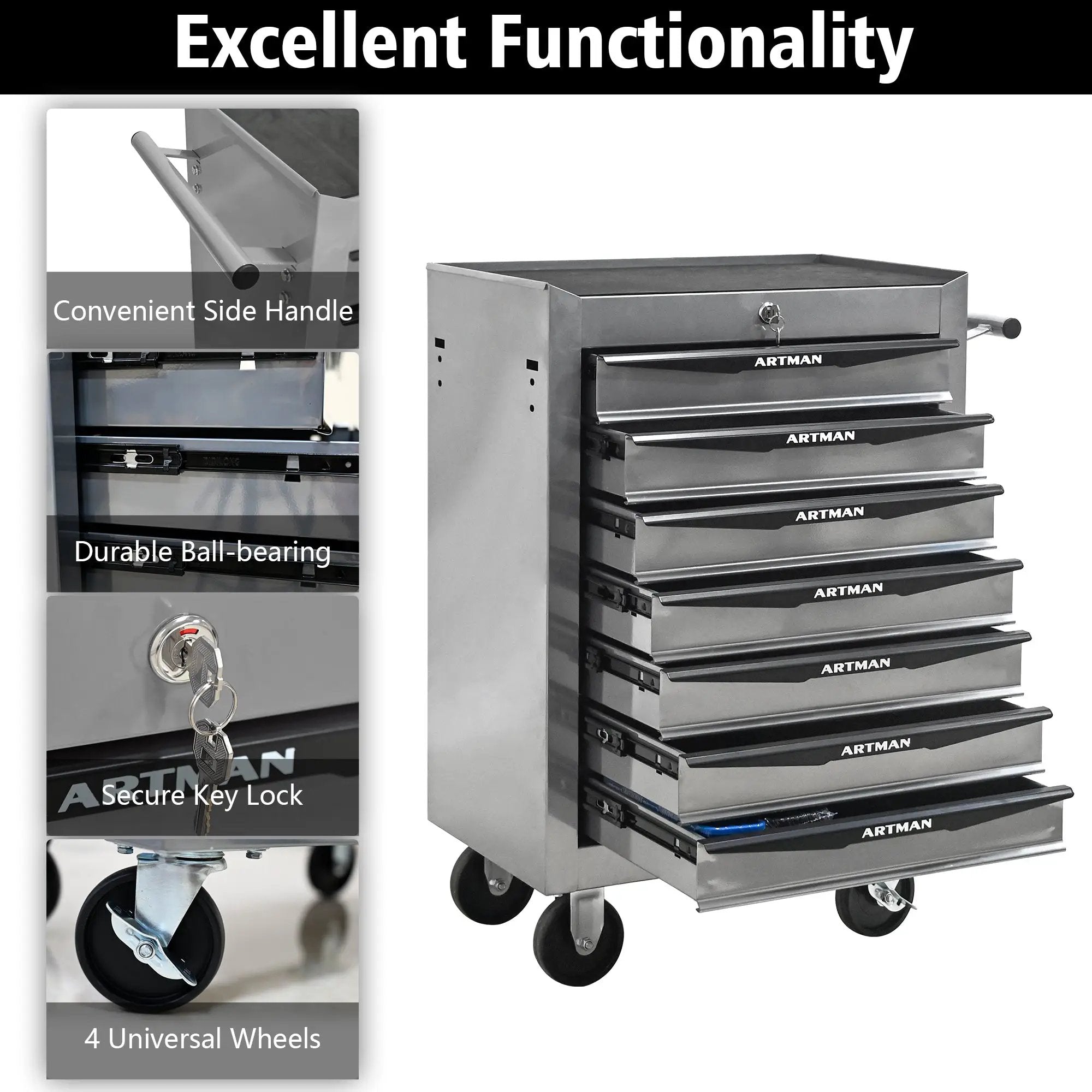 Rolling Metal Tool Chest with 7 Drawers, 20" Cabinet Silver by HouseOfZazla