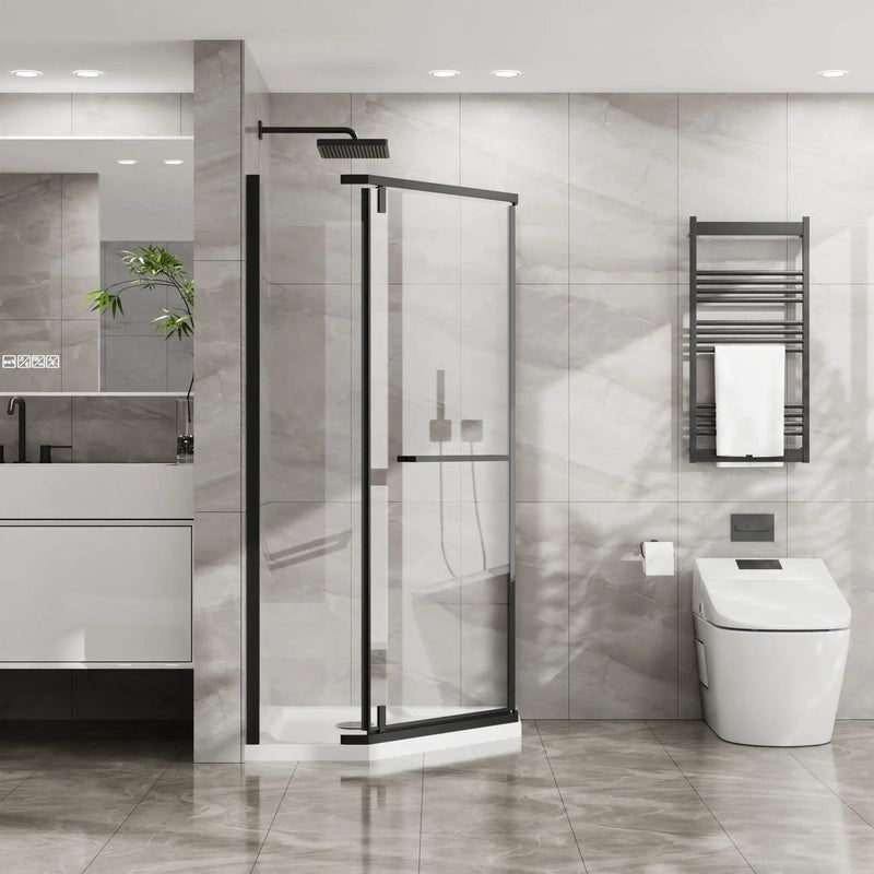 Neo Angle - Frameless Shower Door With White Acrylic Shower Base Combo - Matte Black by HouseOfZazla