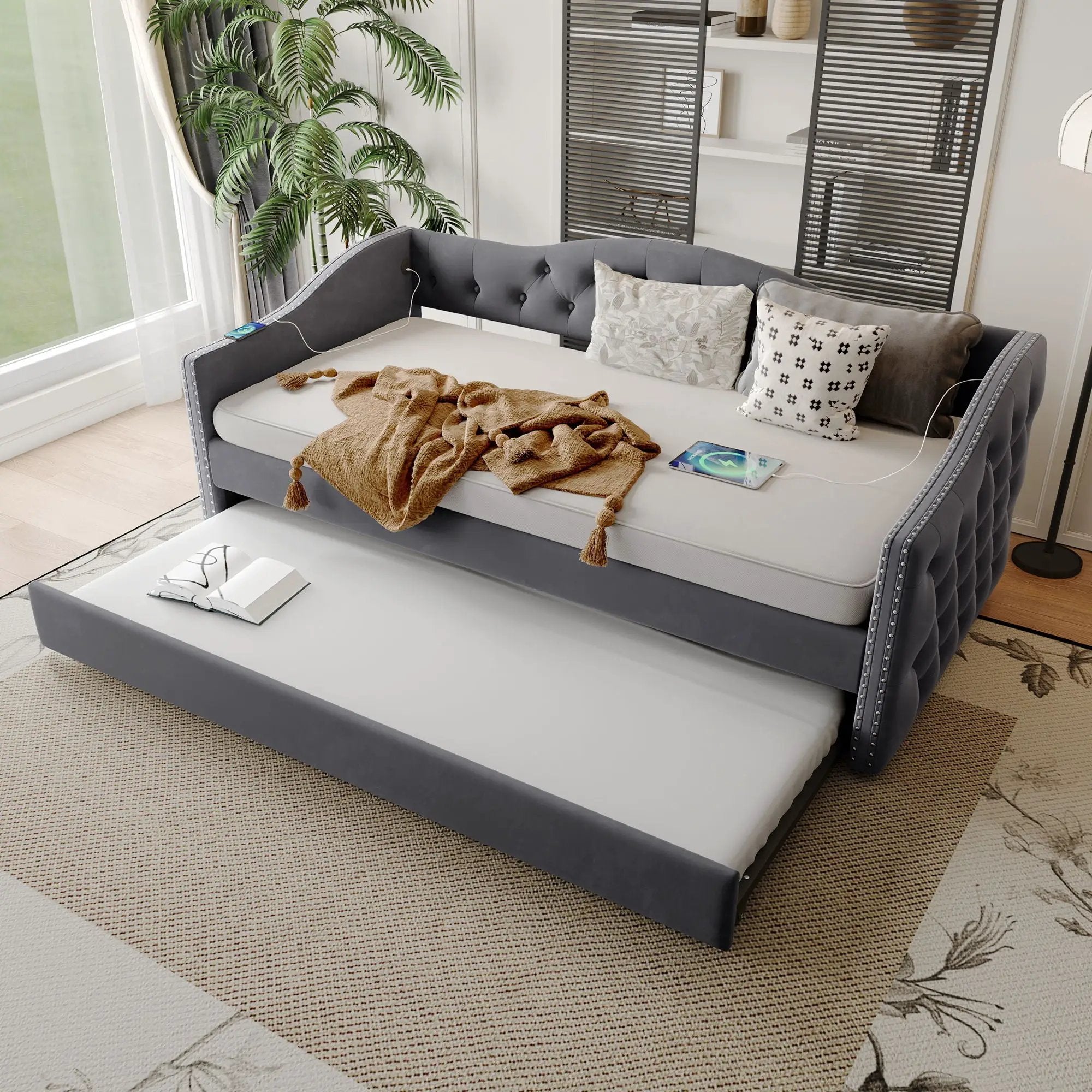 Twin Size Upholstered Daybed With Trundle And USB Charging Design For Bedroom - Gray by Unique Piece Furniture