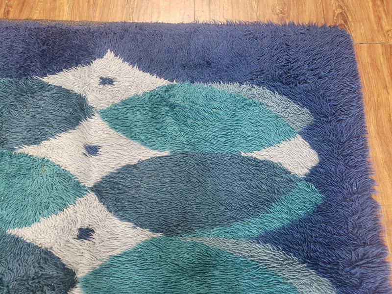 Blue Rya Rug, 1960s Mid-Century Modern Danish Shag Rug 4'6" x 6'7", Ege Rya, Abstract by Jewel Rugs