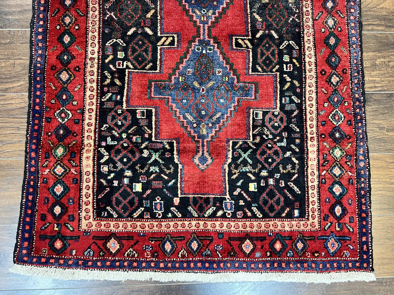 Persian Kurdish Senneh Runner Rug 3x9, Red Navy Blue, Medallions Wool Tribal Runner for Kitchen/Hallway 9ft Antique Handmade Oriental Runner by Jewel Rugs