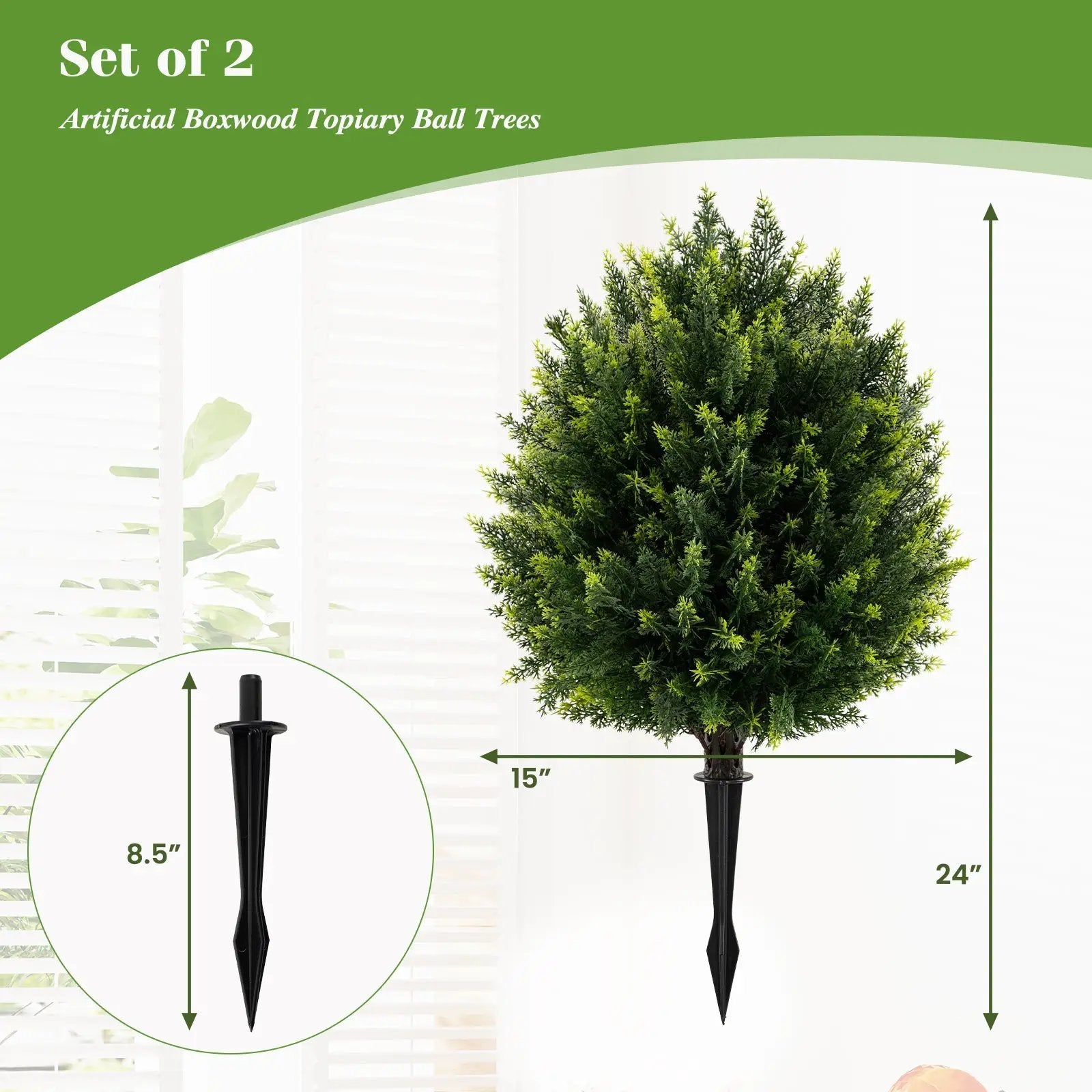 24 Inches Artificial Cypress Topiary Ball Tree Set with Ground Spike-Green by DirectDeals