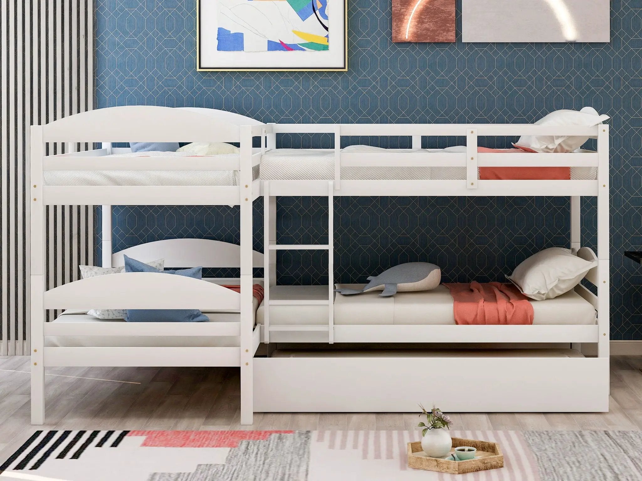 Twin L-Shaped Bunk Bed With Trundle - White by Unique Piece Furniture