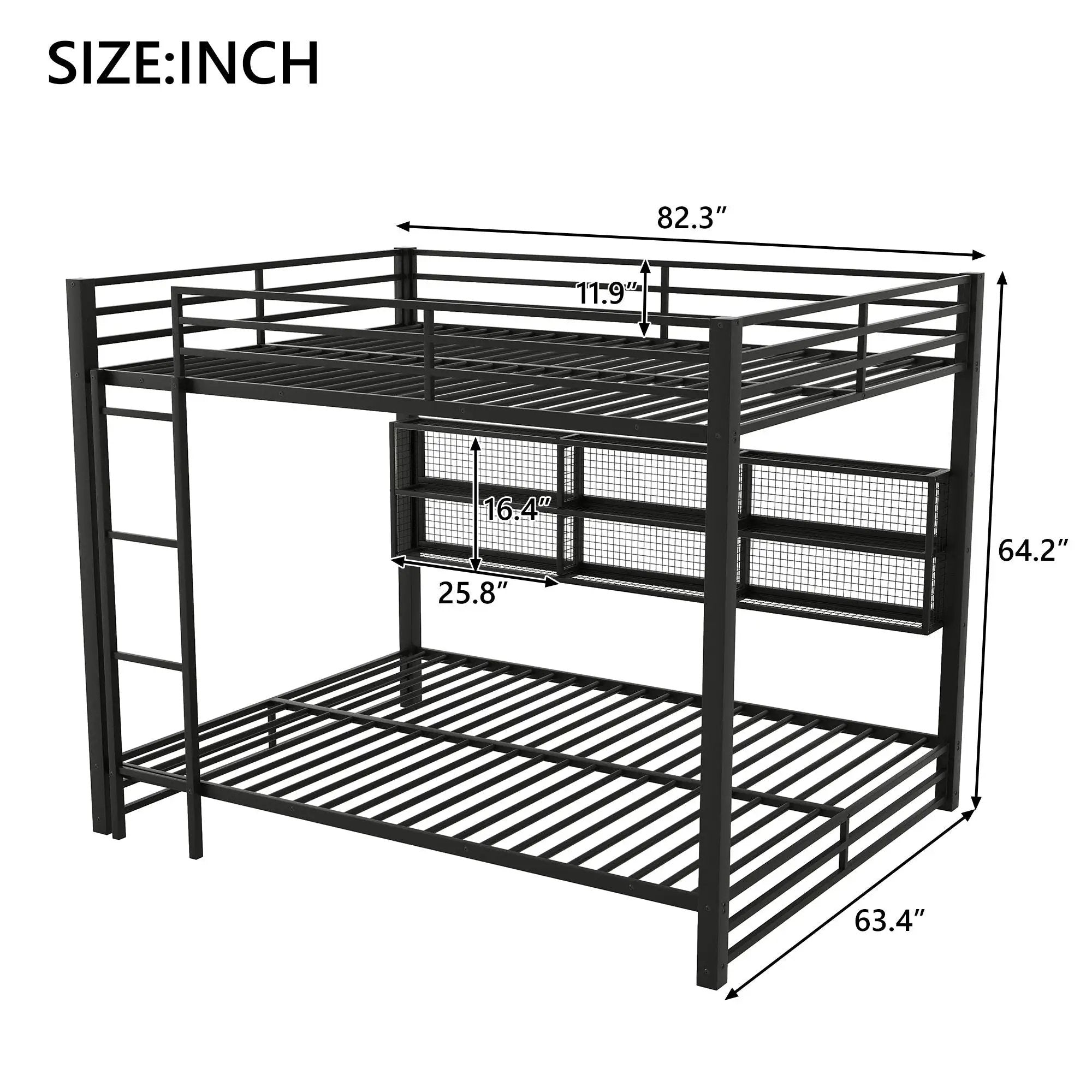 Queen Over Queen Bunk Bed With Storage Cabinets And LED Sturdy Frame, 6 Storage Units, Adjustable LED Lights - Black by Unique Piece Furniture