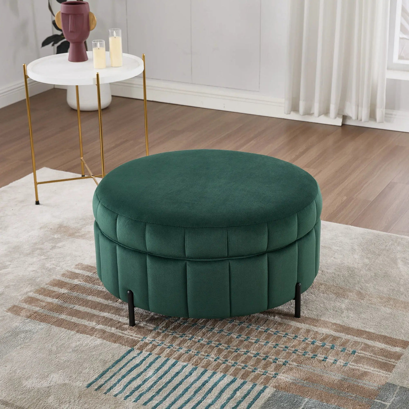 Upholstered Round Ottoman With Reversible Lid, Channel Tufted Pumpkin Shape by Unique Piece Furniture
