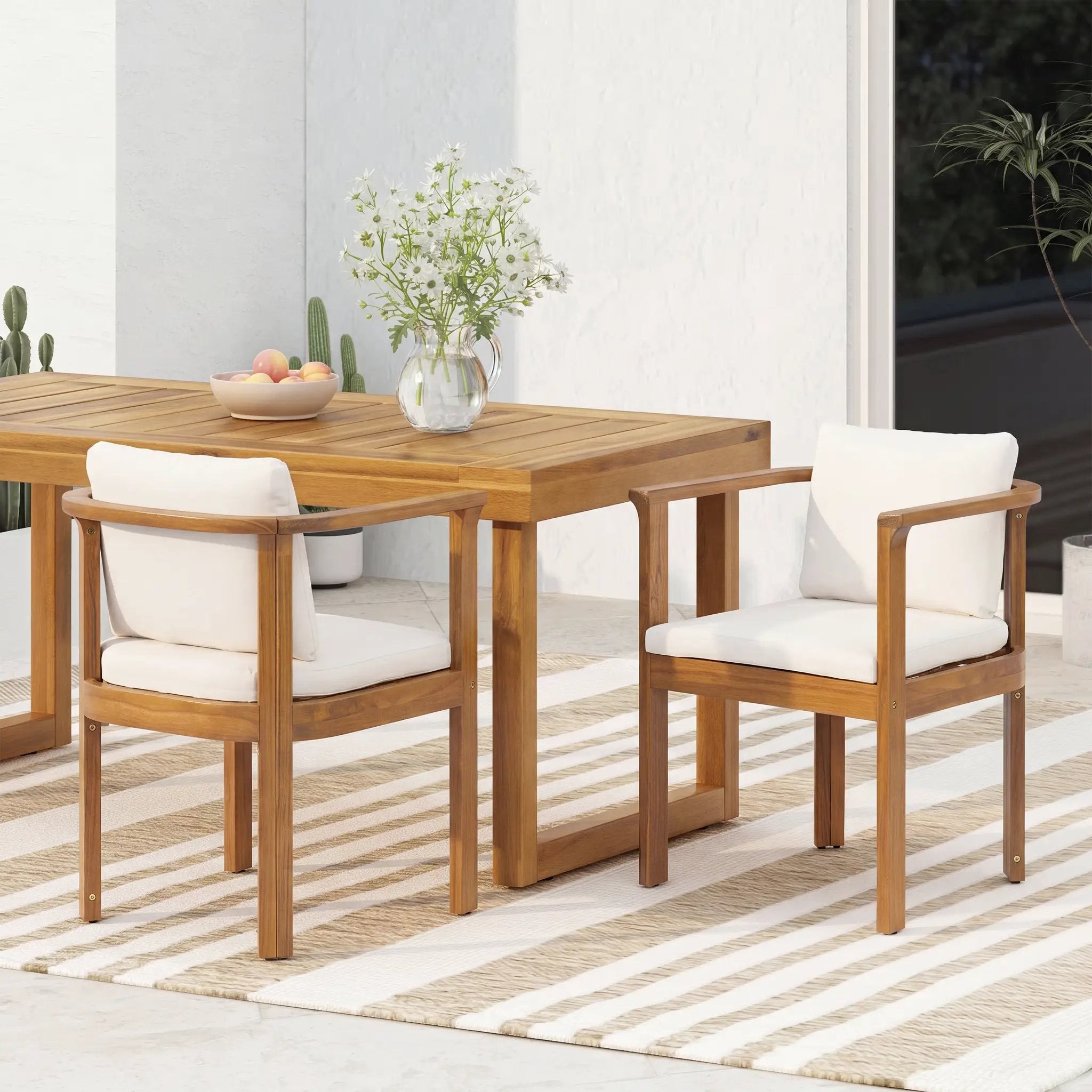 Outdoor Dining Chair Set of 2 with Curved Acacia Wood Arms by HouseOfZazla