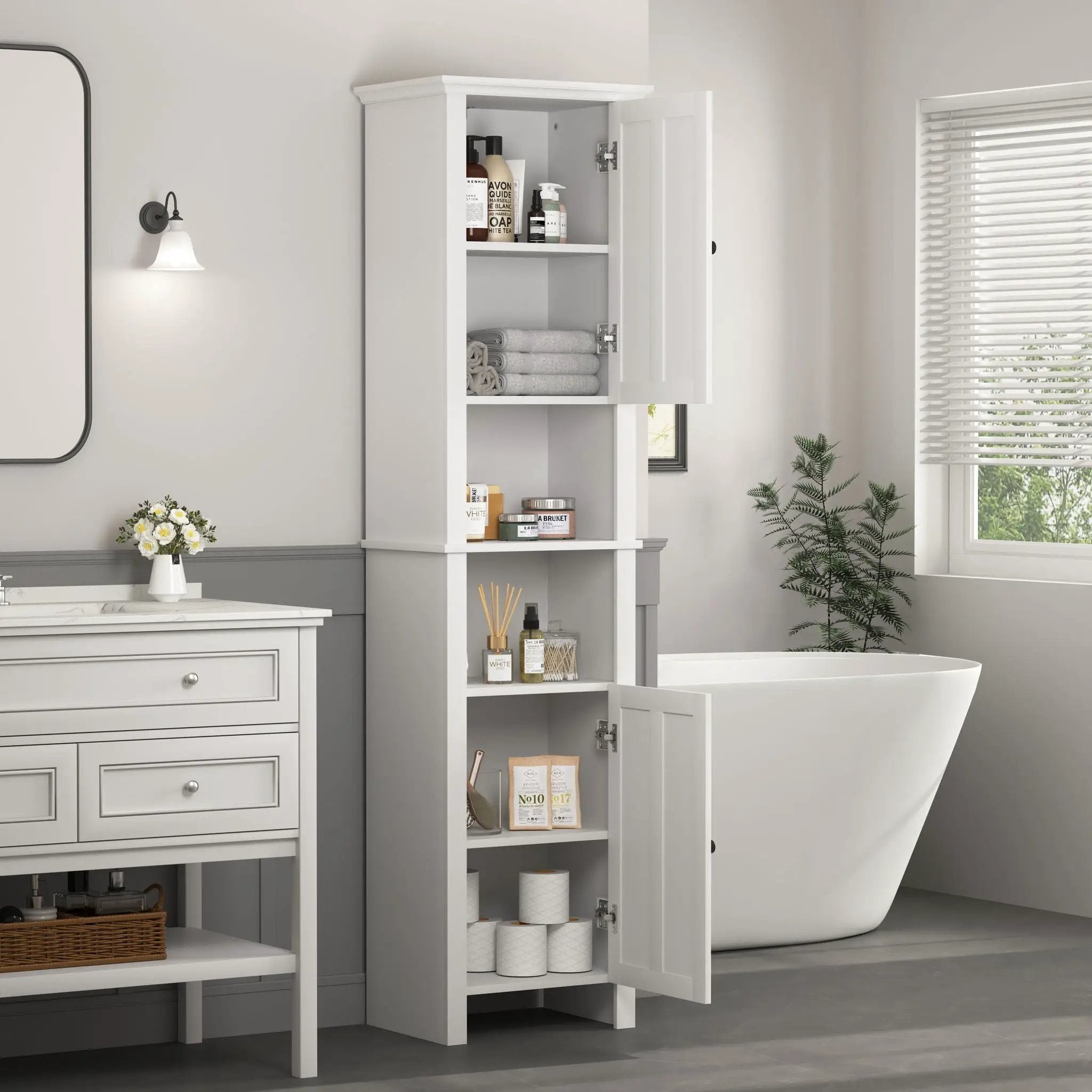 Wooden Bathroom Floor Storage Cabinet With 2 Doors And 6 Shelves - White by HouseOfZazla