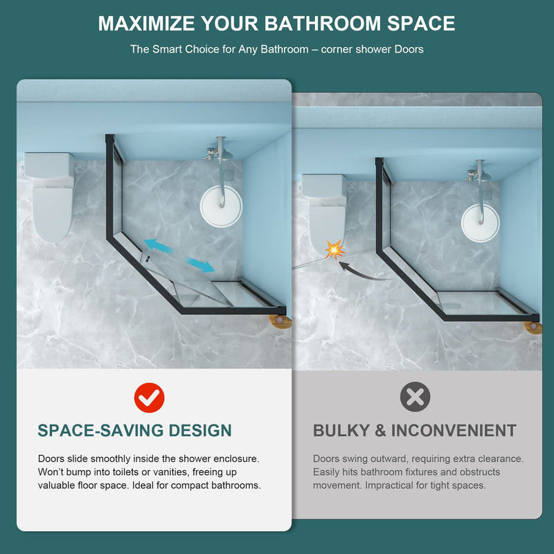 Diamond Shaped Corner Shower Door, Inward Sliding, Stainless Steel Frame by HouseOfZazla