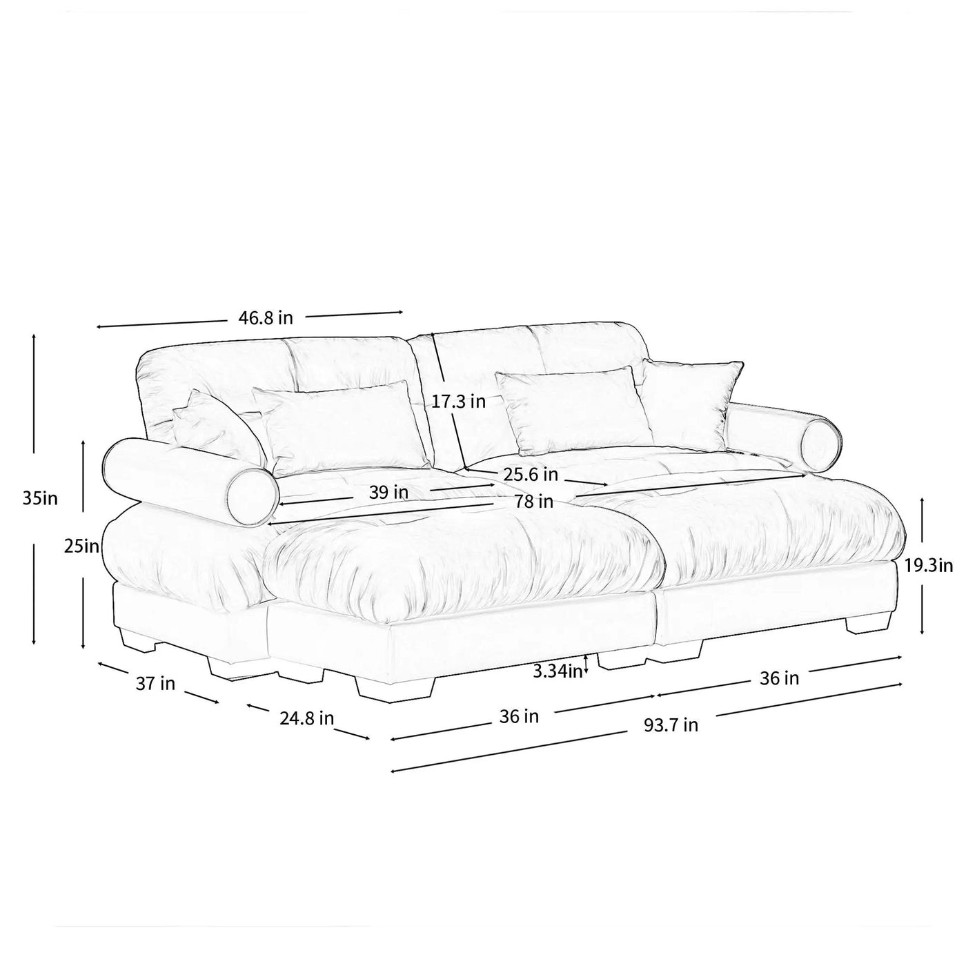 Modern Sectional Sofa With Ottoman, Round Bolster Armrests, Waist And Throw Pillows by Unique Piece Furniture